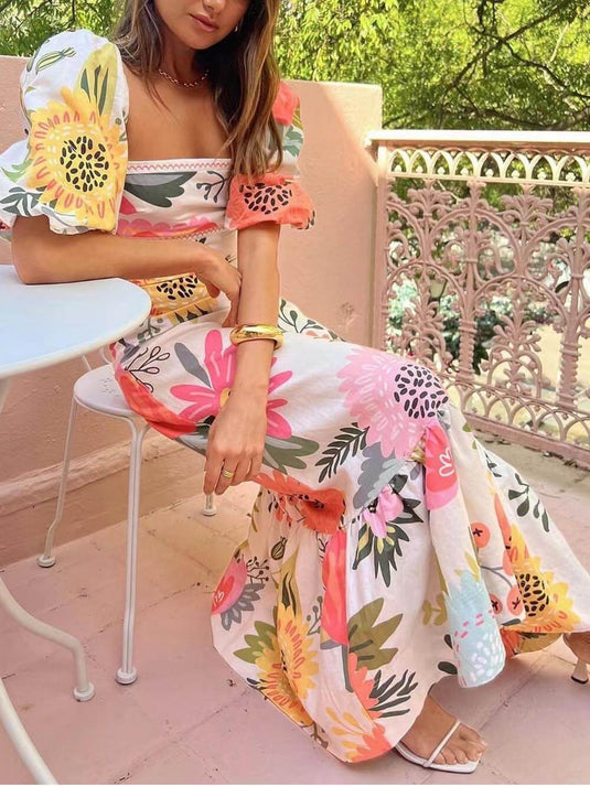 Maxi Robe à Manches Bouffantes et Col Carré avec Imprimé Floral