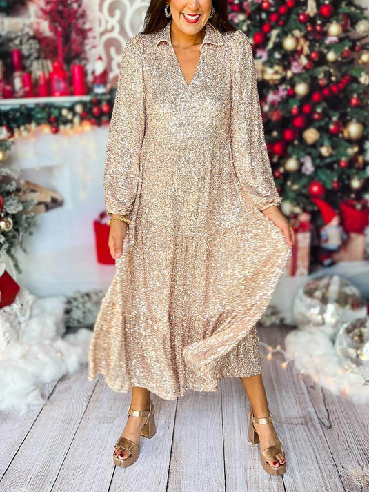 Maxi Robe à Manches Longues en V ornée de Paillettes