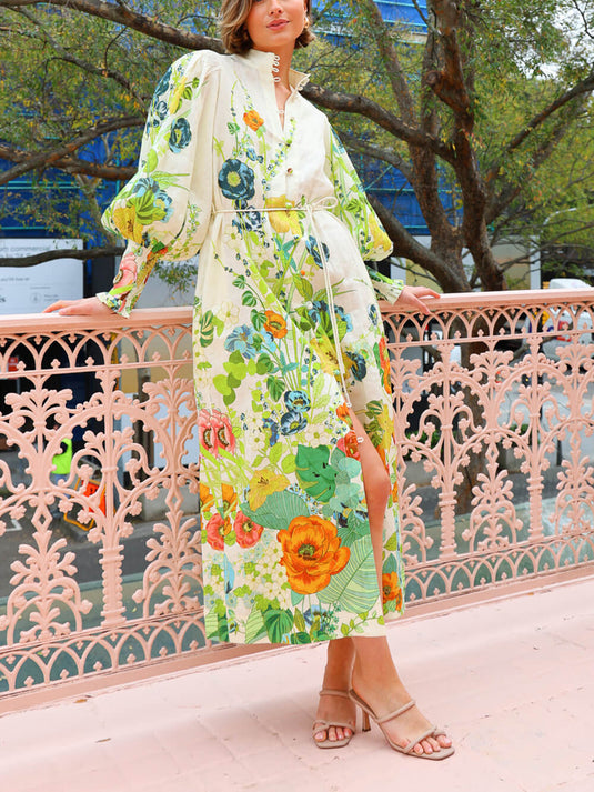 Cardigan Crème Imprimé Unique avec Manches Lanternes - Style Robe Chemise
