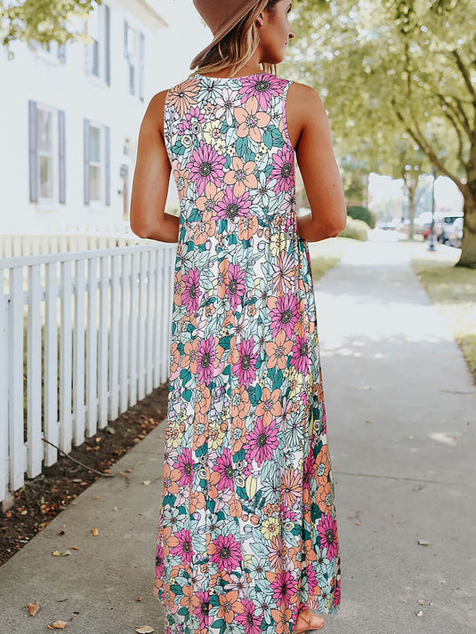 Maxi Robe Sans Manches à Taille Haute au Style Hippie Floral