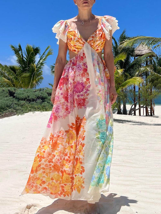 Maxi Robe à Dos Découpé avec Volants Floraux