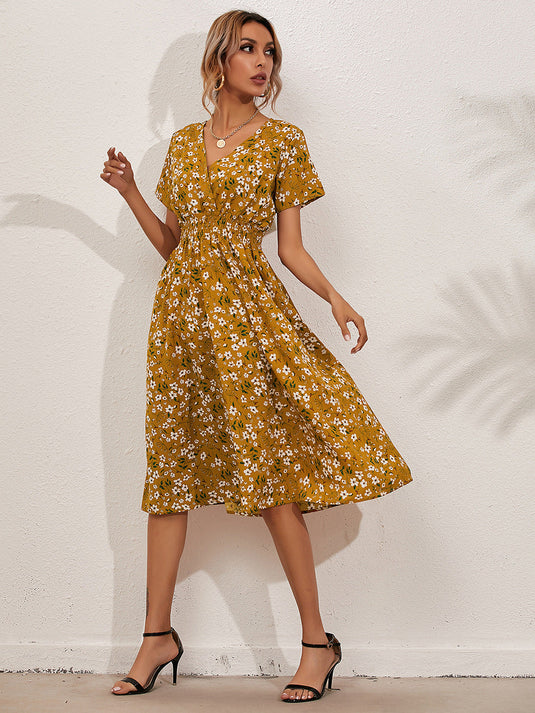 Robe Midi Courte à Fleurs Chic et Décontractée