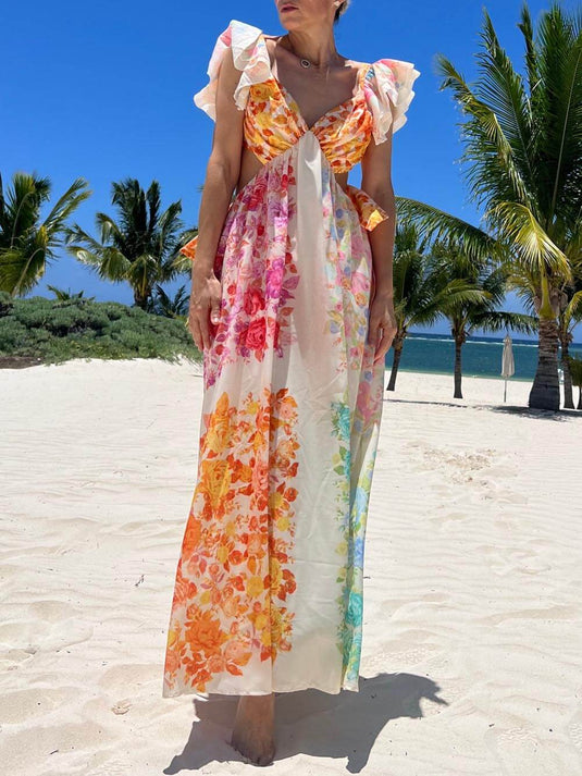 Maxi Robe à Dos Découpé avec Volants Floraux