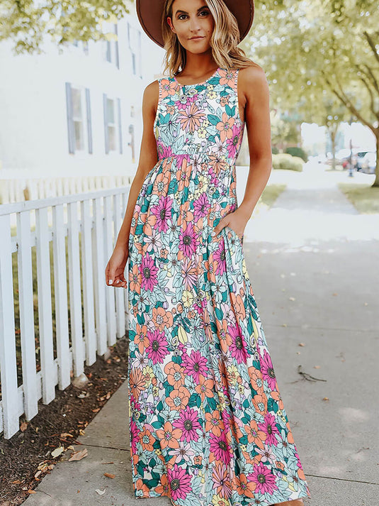Maxi Robe Sans Manches à Taille Haute au Style Hippie Floral
