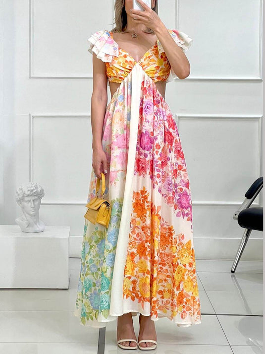Maxi Robe à Dos Découpé avec Volants Floraux
