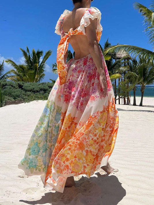 Maxi Robe à Dos Découpé avec Volants Floraux
