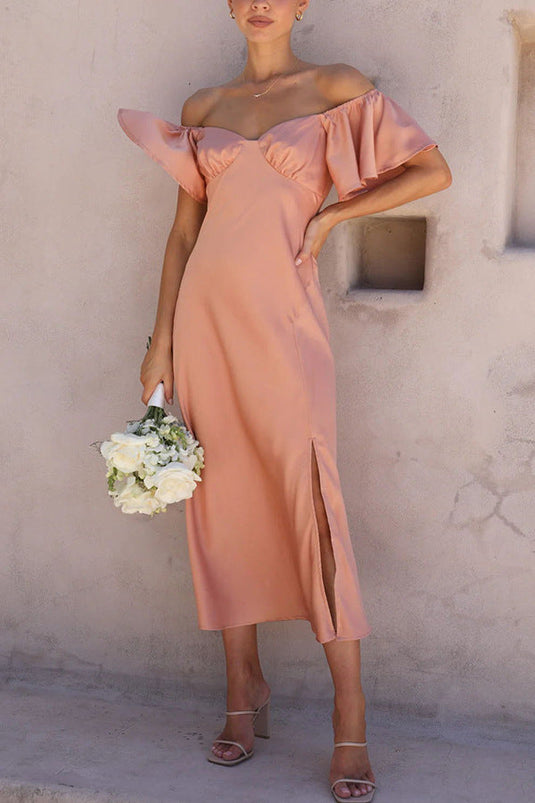 Robe Midi à Fente Latérale avec Manches Volantes Off-Shoulder