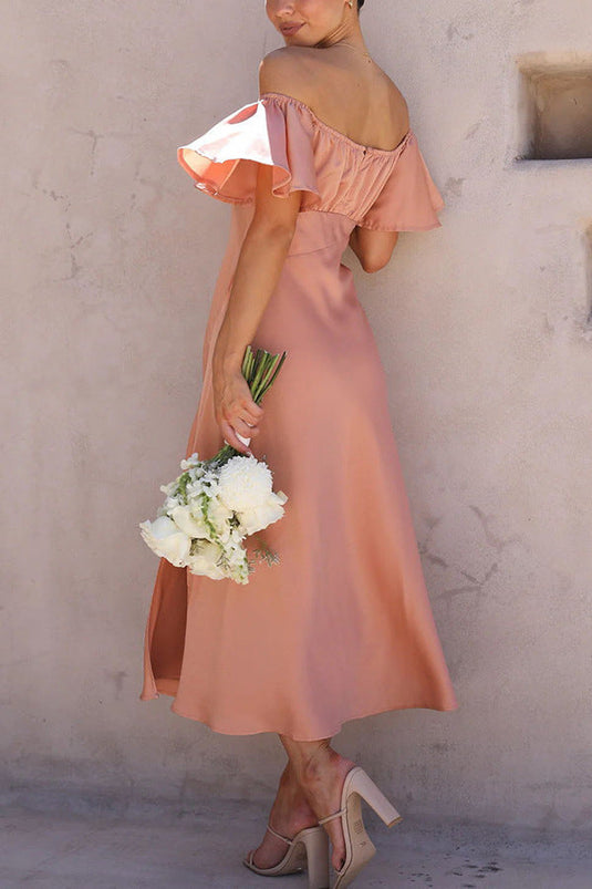 Robe Midi à Fente Latérale avec Manches Volantes Off-Shoulder