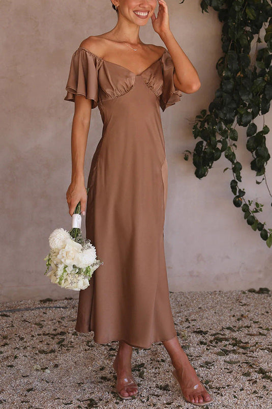 Robe Midi à Fente Latérale avec Manches Volantes Off-Shoulder
