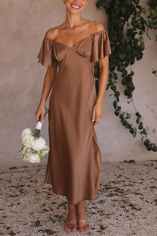 Robe Midi à Fente Latérale avec Manches Volantes Off-Shoulder