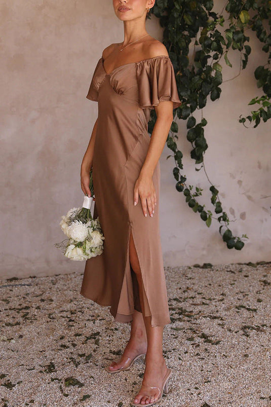 Robe Midi à Fente Latérale avec Manches Volantes Off-Shoulder