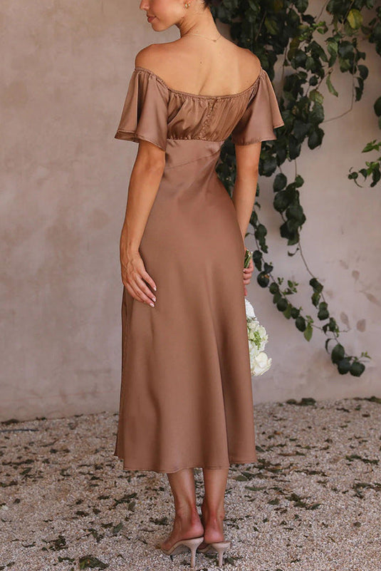 Robe Midi à Fente Latérale avec Manches Volantes Off-Shoulder