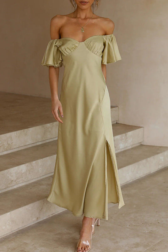 Robe Midi à Fente Latérale avec Manches Volantes Off-Shoulder