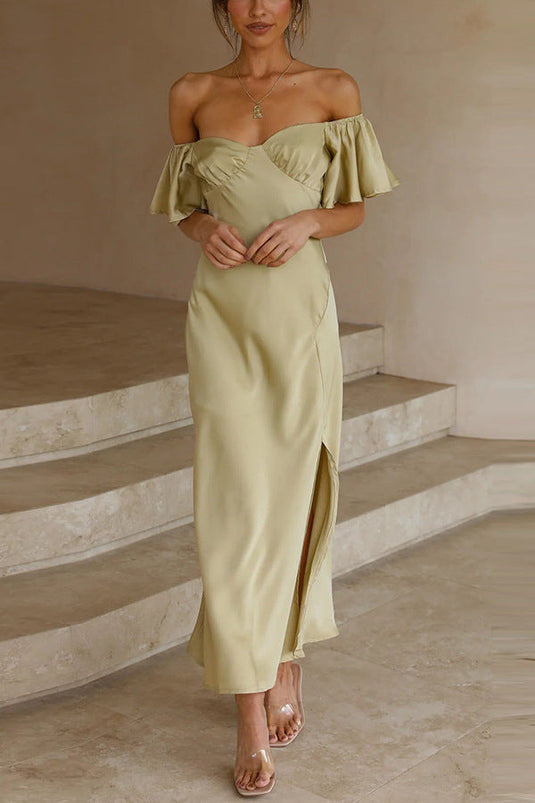 Robe Midi à Fente Latérale avec Manches Volantes Off-Shoulder