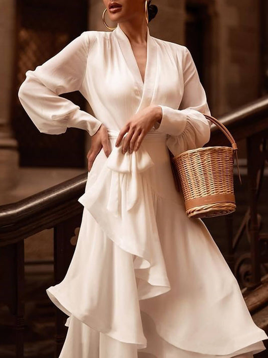 Maxi Robe Élégante à Volants en Couleur Unie