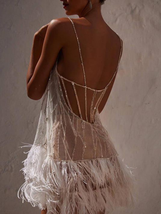 Jupe Miniskirt en Maille à Franges et Paillettes - Sexy et Dos Nu