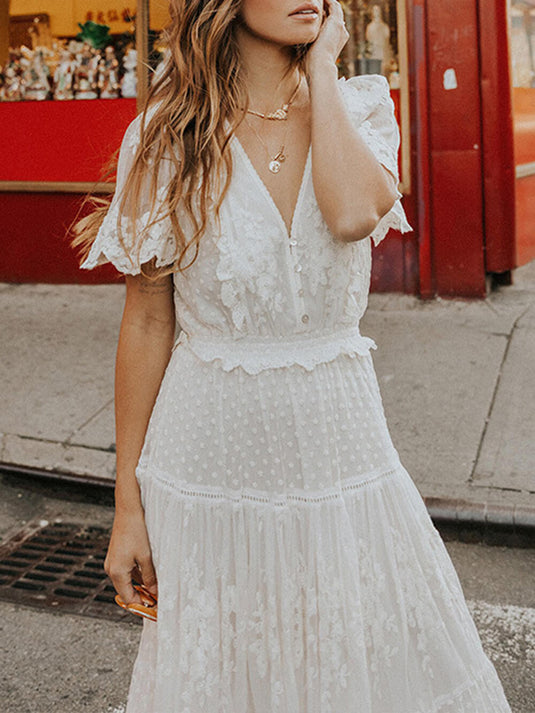 Maxi Robe en Dentelle à Manches Courtes et Décolleté en V