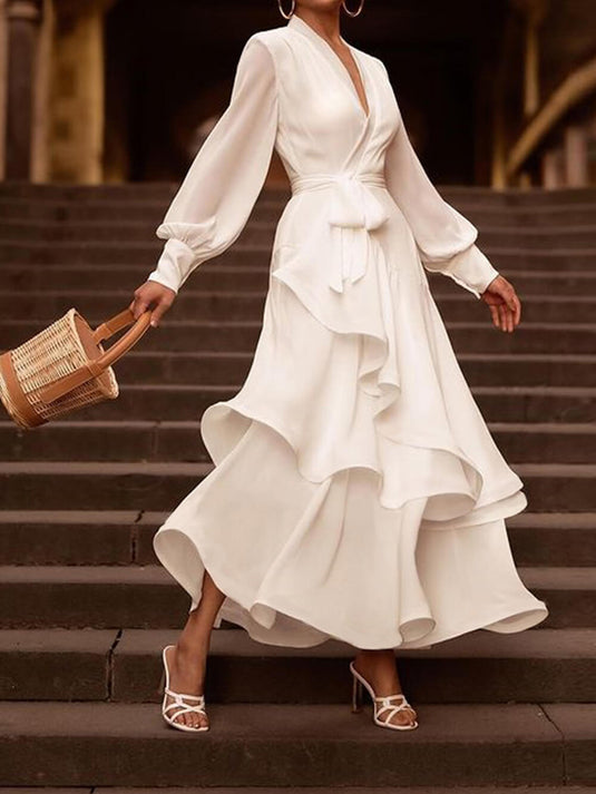 Maxi Robe Élégante à Volants en Couleur Unie