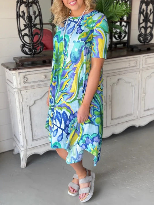 Robe Femme à Manches Courtes avec Imprimé Verre, Col Rond, Jupe Courte et Longue