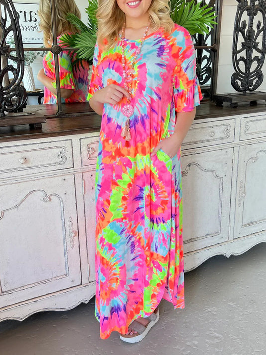 Jupe longue décontractée à col en V avec motif tie-dye