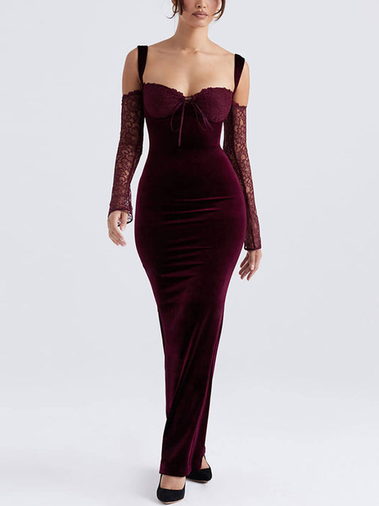 Maxi Robe Sans Épaules avec Bretelles en Dentelle
