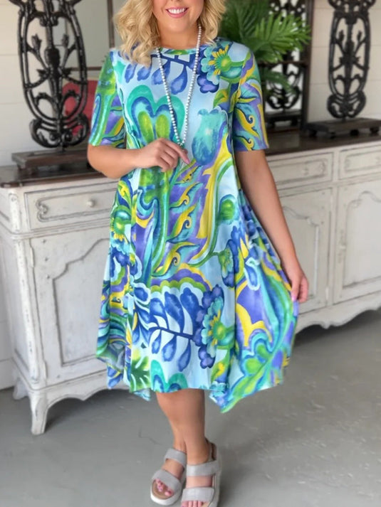 Robe Femme à Manches Courtes avec Imprimé Verre, Col Rond, Jupe Courte et Longue