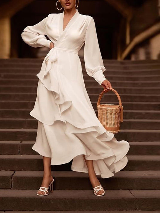 Maxi Robe Élégante à Volants en Couleur Unie