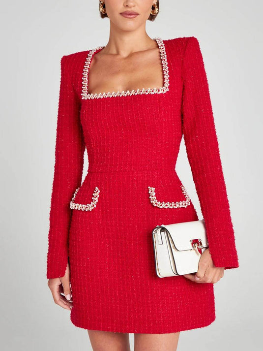 Mini Robe À Manches Fendues Avec Poche Et Élégants Détails En Perles