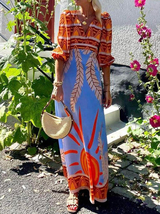 Maxi Robe Bohème avec Imprimé Ethnique Distinctif