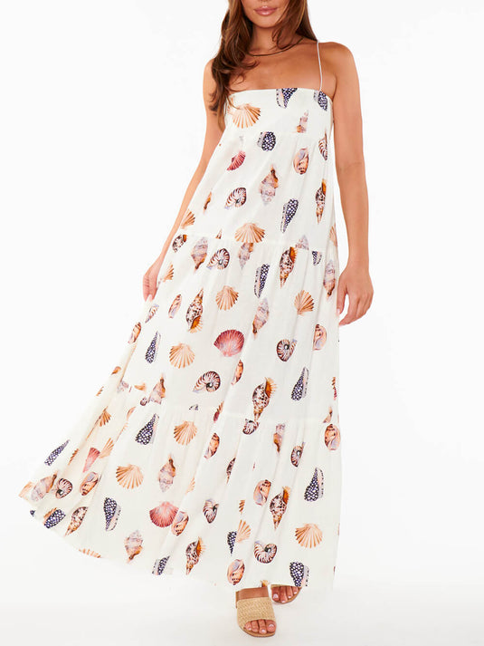 Maxi Robe Légère à Poches Plissées avec Imprimé de Coquillages Unique