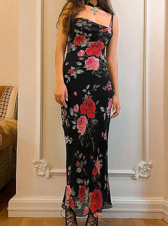Robe Maxi à Bretelles Spaghetti avec Imprimé Floral