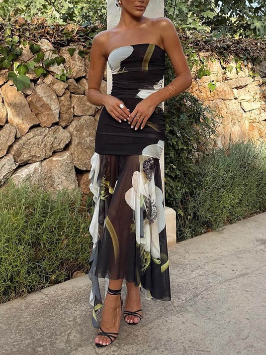 Robe Midi Imprimée Floral en Mesh avec Volants Froncés et Décolleté Off-Shoulder