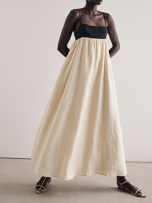 Robe Maxi à Bretelles Larges en Patchwork Noir et Blanc
