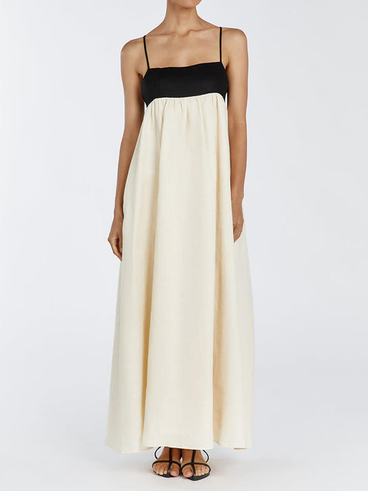 Robe Maxi à Bretelles Larges en Patchwork Noir et Blanc
