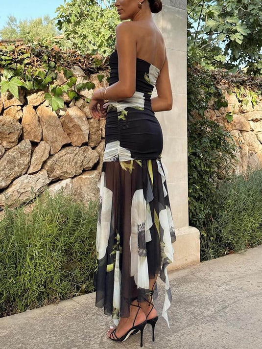 Robe Midi Imprimée Floral en Mesh avec Volants Froncés et Décolleté Off-Shoulder