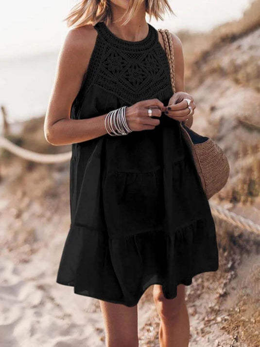 Robe Mini A-Line en Dentelle Découpée avec Col Halter