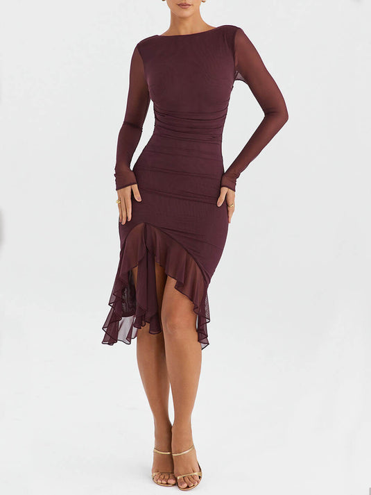Bordeaux Midi Dress with Ruffles