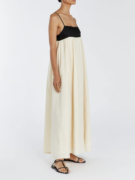 Robe Maxi à Bretelles Larges en Patchwork Noir et Blanc