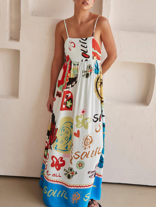 Raffinée Robe Maxi en Satin à Imprimé Unique