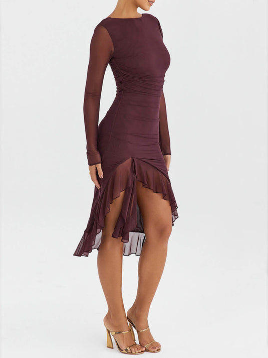 Bordeaux Midi Dress with Ruffles