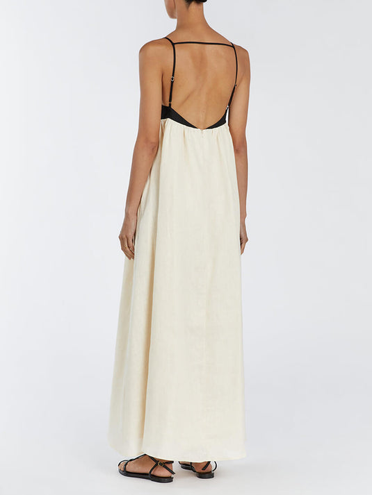 Robe Maxi à Bretelles Larges en Patchwork Noir et Blanc