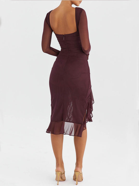 Bordeaux Midi Dress with Ruffles