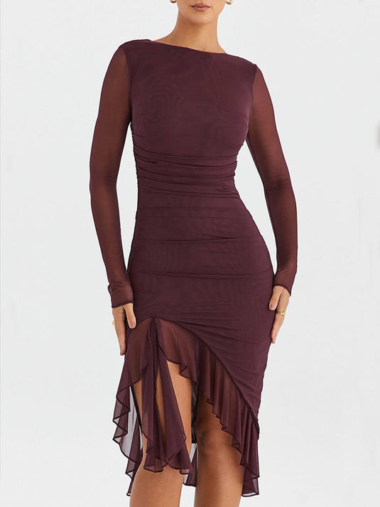 Bordeaux Midi Dress with Ruffles