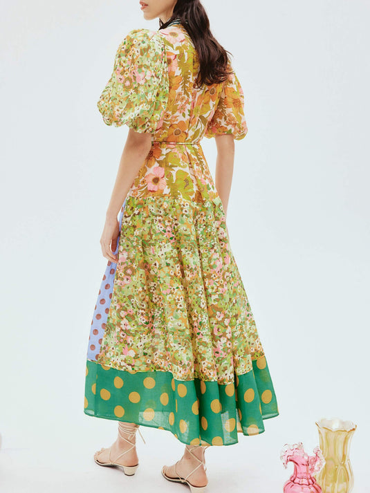 Exquise Robe Midi à Manches Bouffantes avec Imprimé Floral Rétro