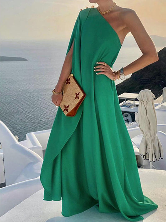 Robe Maxi Décontractée à Une Épaule en Couleur Unie
