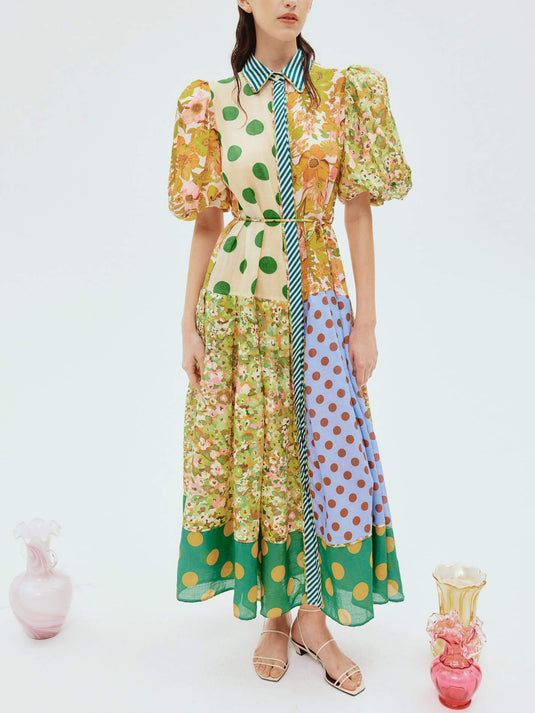 Exquise Robe Midi à Manches Bouffantes avec Imprimé Floral Rétro