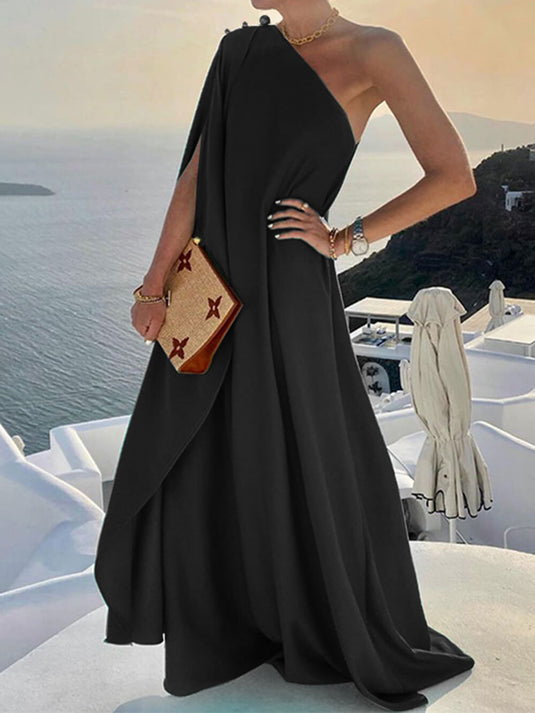 Robe Maxi Décontractée à Une Épaule en Couleur Unie