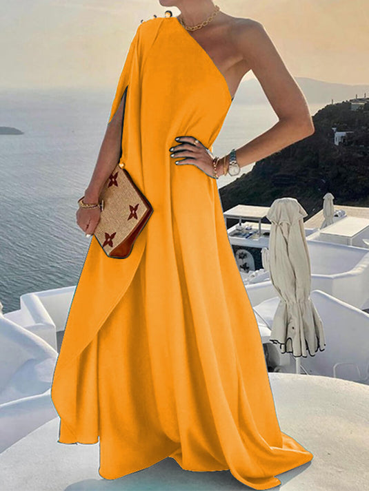 Robe Maxi Décontractée à Une Épaule en Couleur Unie