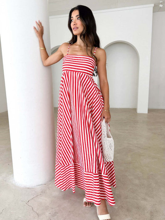 Robe Midi Rayée à Épaules Dénudées