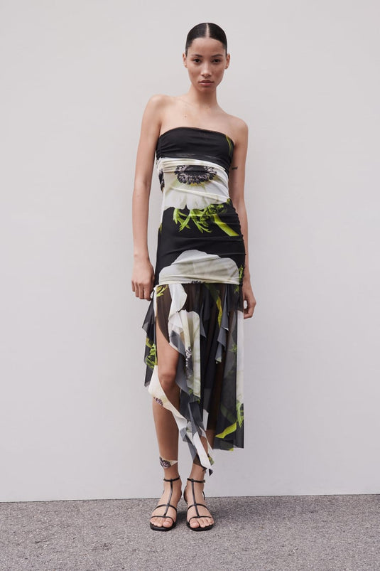 Jupe Midi Plissée en Tulle à Motif Floral Gardenia